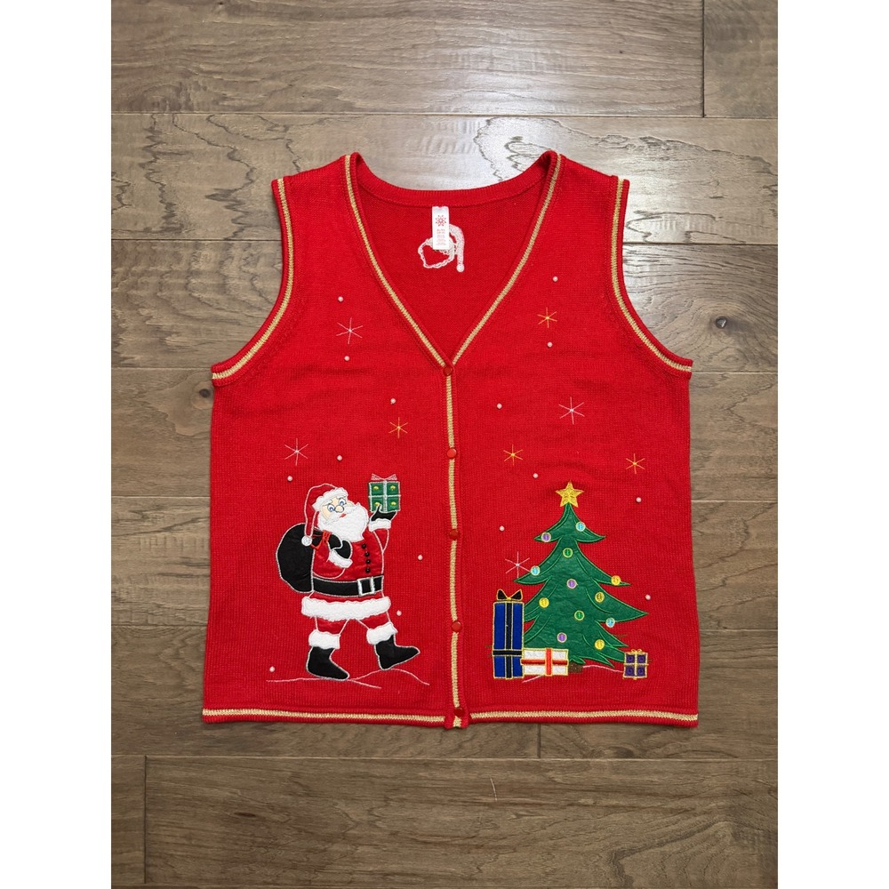 Holiday Time Christmas Sweater Vest Womens XL Red Acrylic Santa Tree Ugly Party